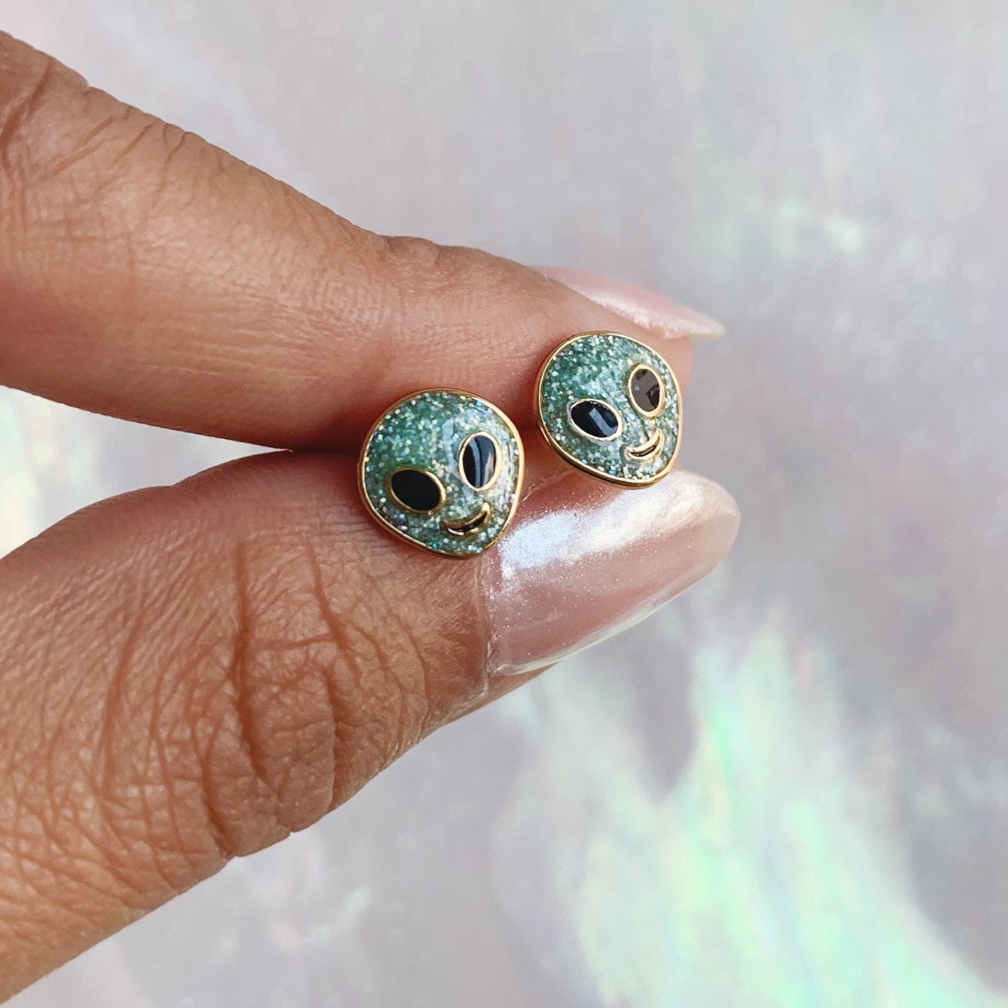 Alien Stud Earrings, Mint Glitter