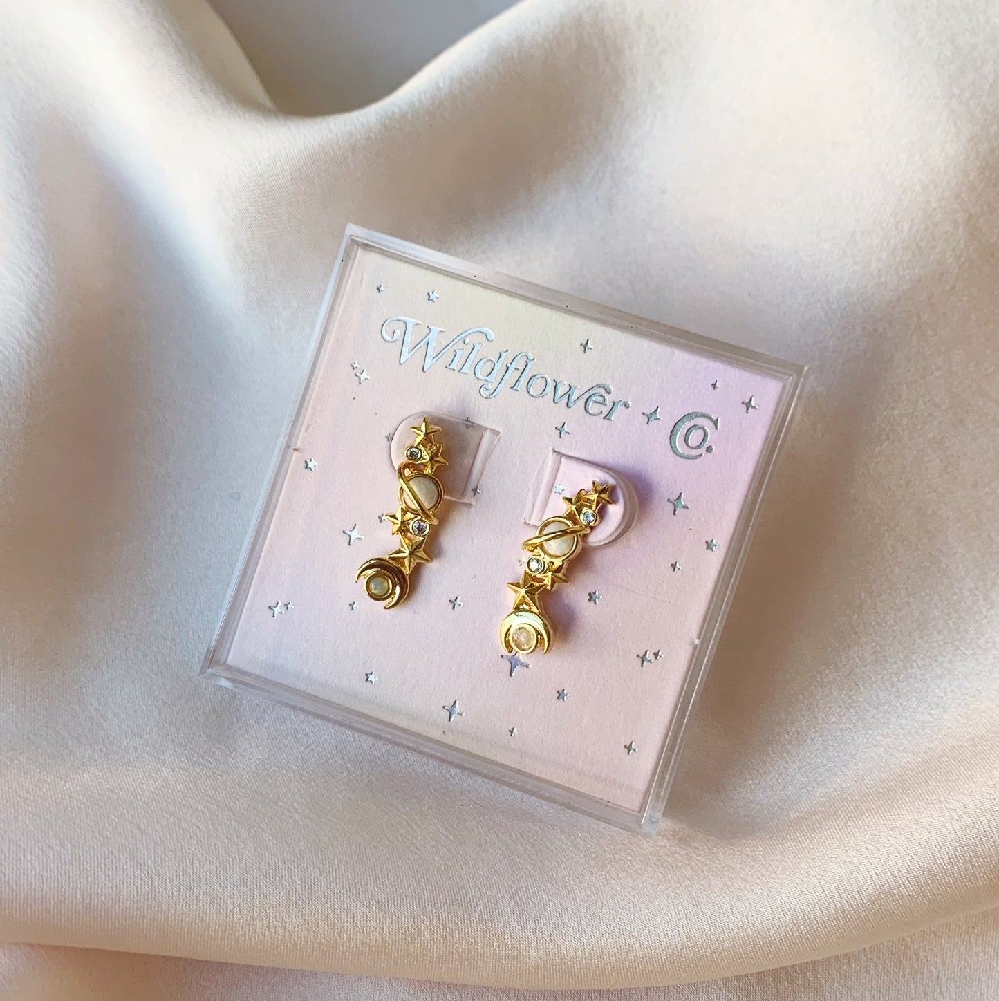 JW01018-GLD-OS - Galaxy Crawler Earrings, White Opal - Wildflower + Co boxed