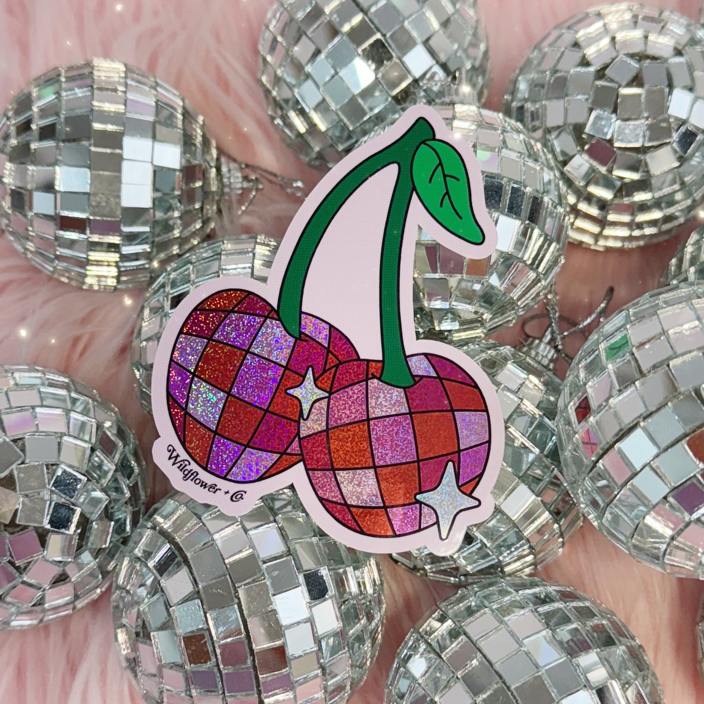 PC00171-MLT-OS -Cherries Disco Ball Glitter Sticker - Vinyl Holographic Glitter Stickers - Festive Gifts - Wildflower + Co disco