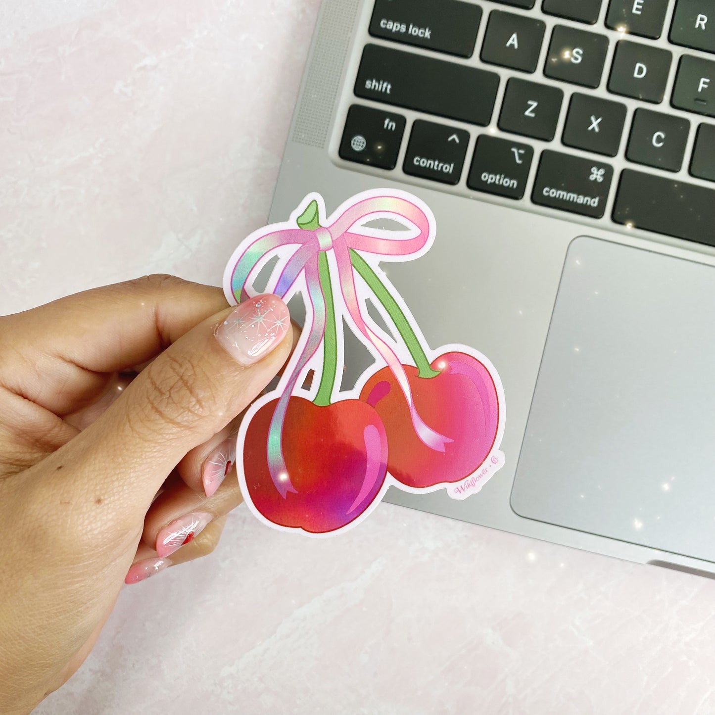 PC00176-PNK-OS - Cherry Bow Sticker - Wildflower + Co laptop