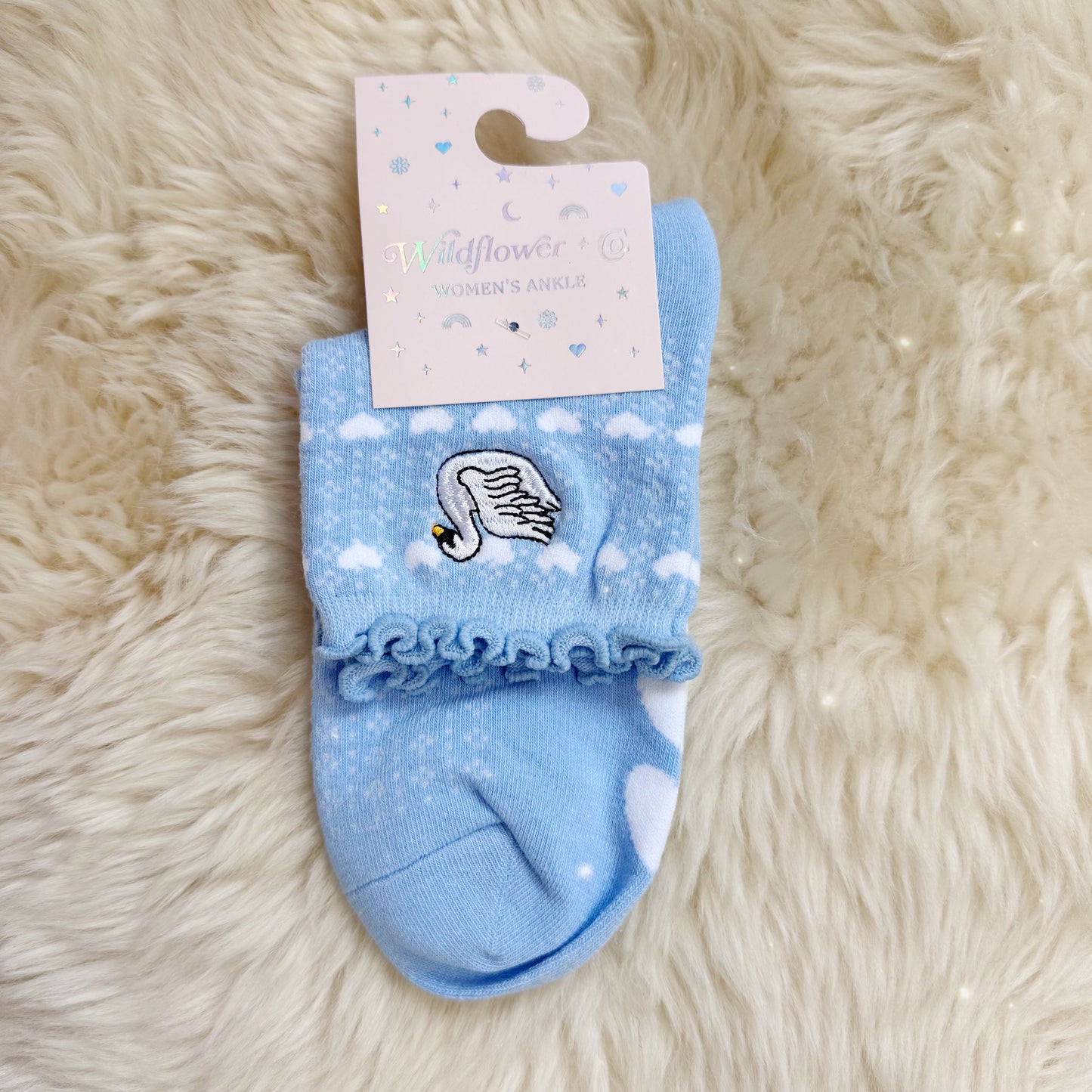 Swan Embroidered Ruffle Socks - Sky Blue