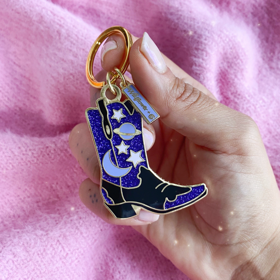 Celestial Cowgirl Boot Enamel Keychain