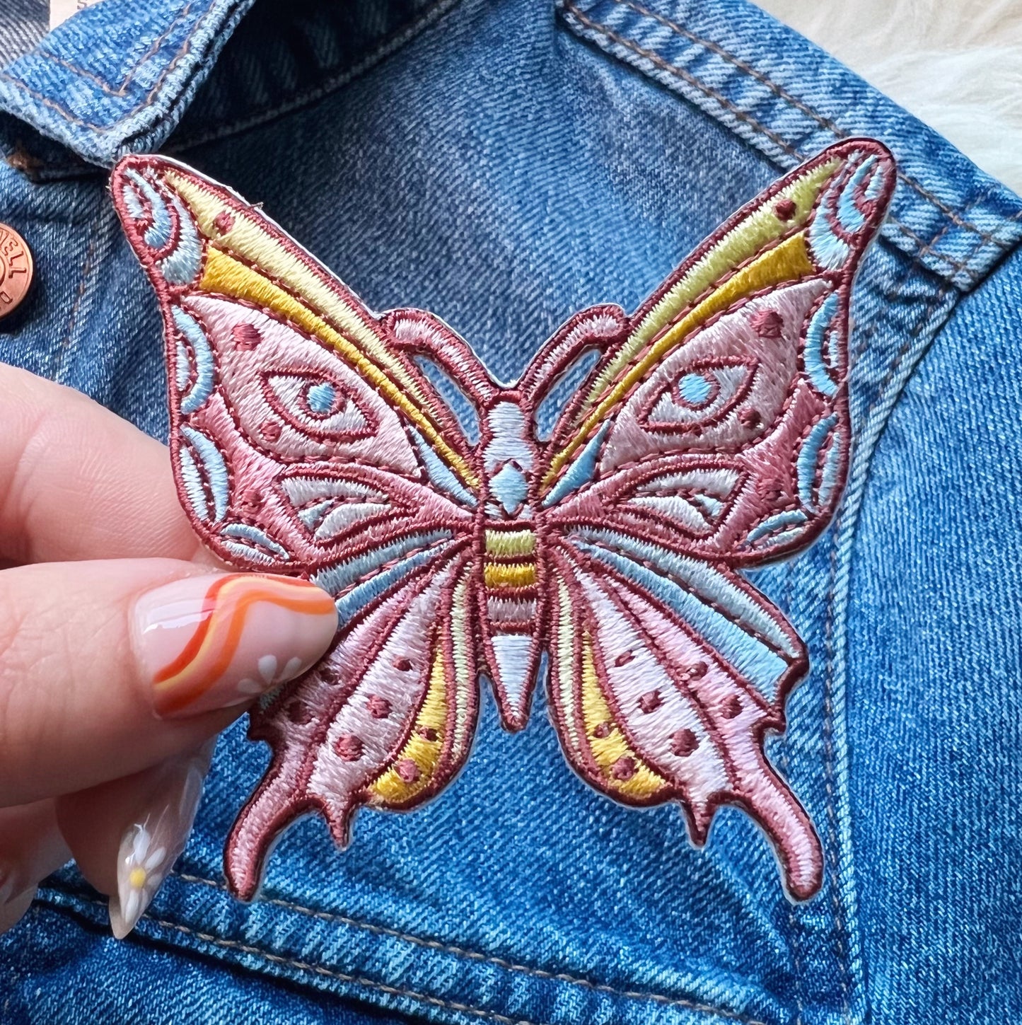 TR00496-MLT-OS Mystical Butterfly Patch - Embroidered Iron On Patches - Wildflower + Co jacket