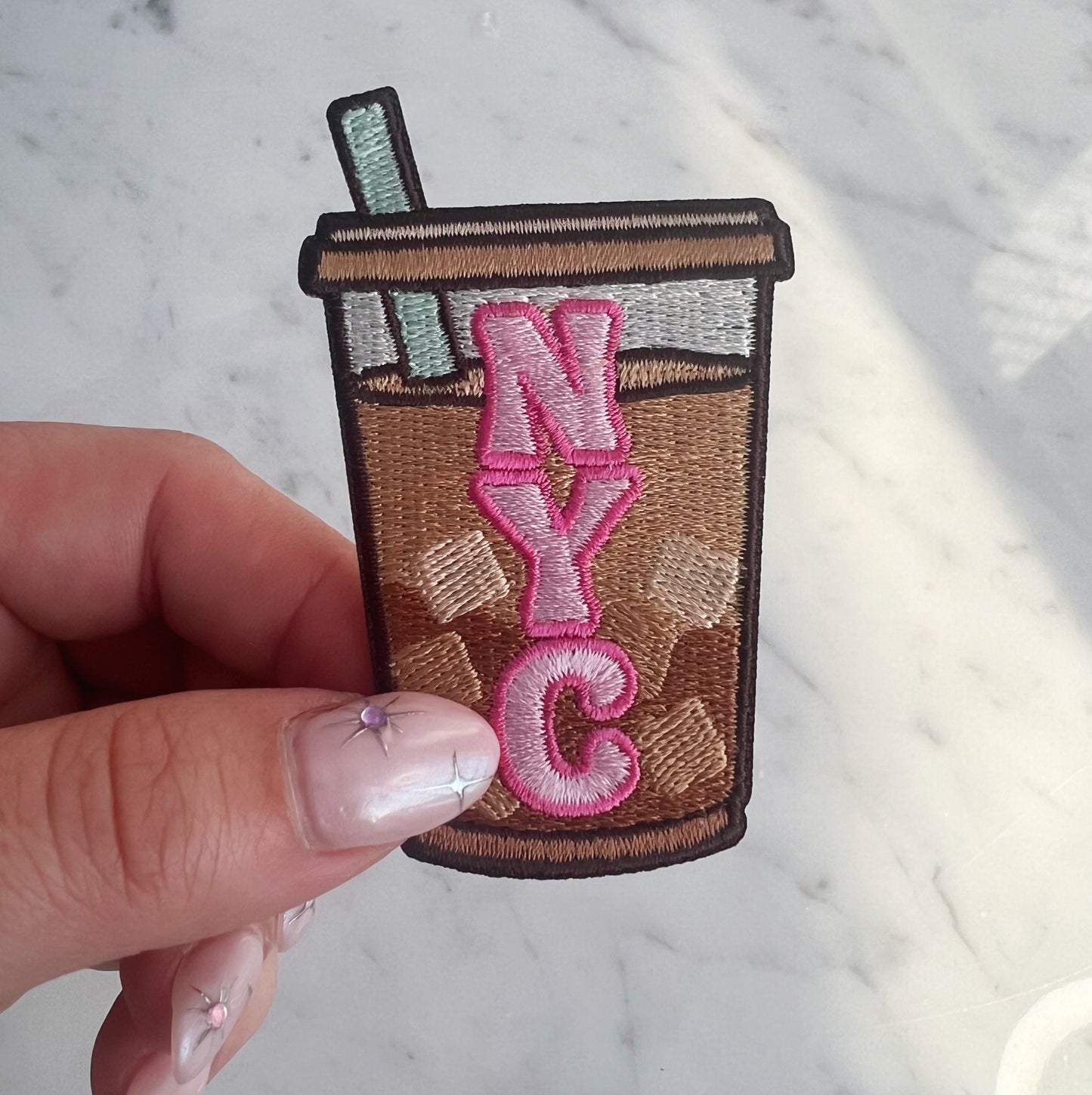TR00634-MLT-OS - NYC Iced Coffee Patch - Embroidered Iron on Patches for Jackets - New York City Souvenir - Wildflower + Co hand