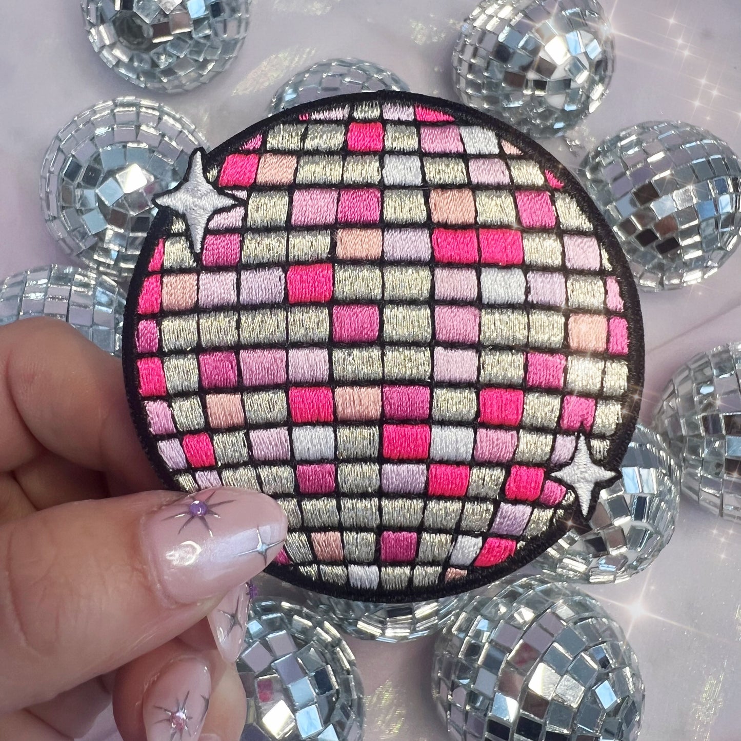TR00640-MLT-OS - Disco Ball Patch (Pink Disco Ball) - Embroidered Iron on Patches for Jackets - Cute Gifts - Wildflower + Co - in hand