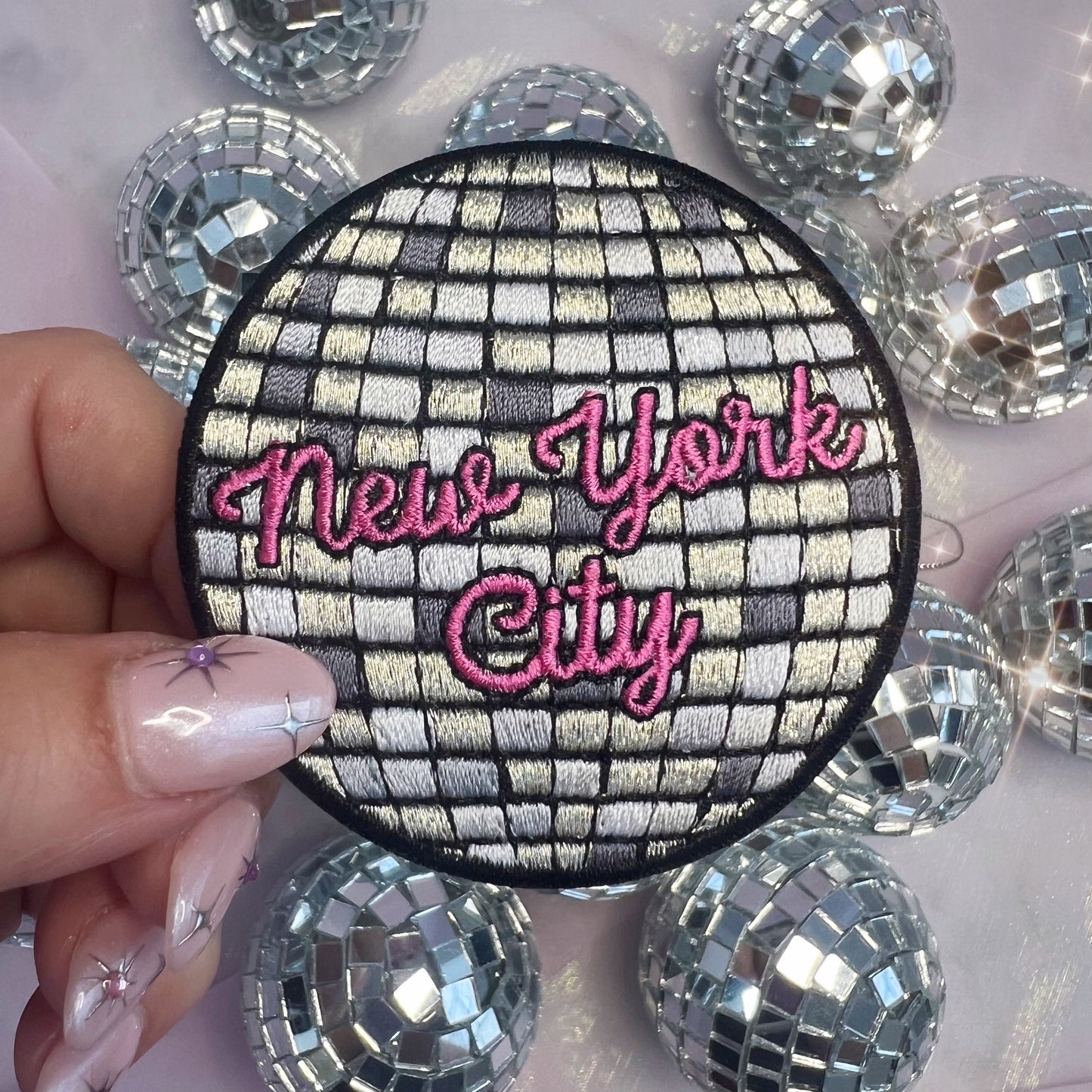 TR00644-MLT-OS - Disco Ball New York City Patch - Embroidered Iron On Patch - NYC Souvenir Gift - Wildflower + Co hand