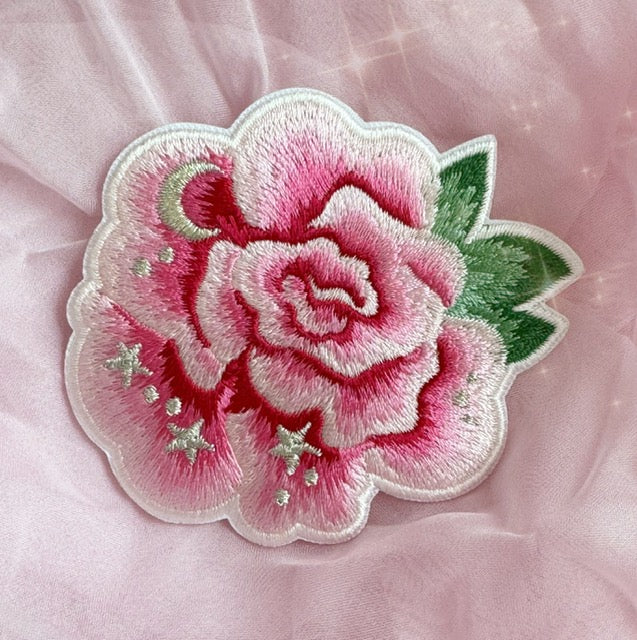 TR00667-PNK-OS - Rose Blossom Patch, Pink - Coquette Floral Pink Embroidered Iron on Patches - Royalcore Girlycore Balletcore Aesthetic - Wildflower + Co - on pink
