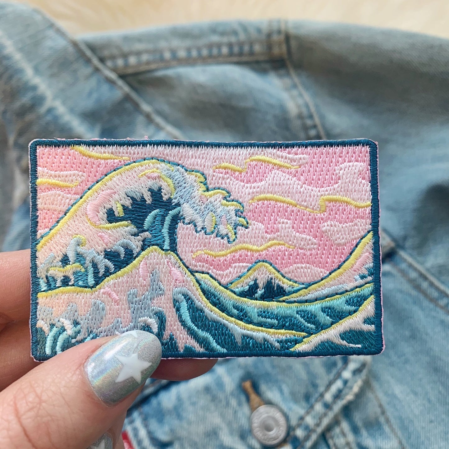 great wave iron on patch - embroidered pastels - wildflower + co. diy in hand