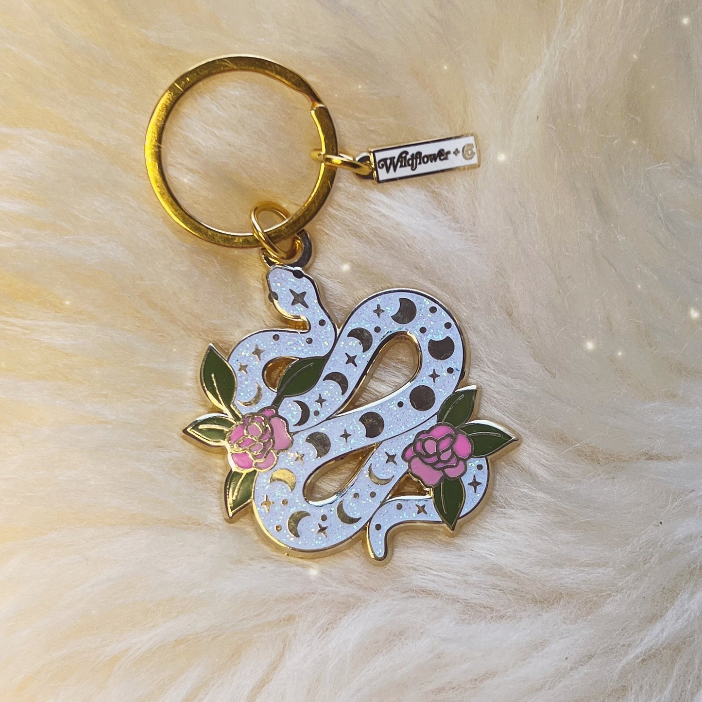 Serpent Enamel Keychain, White Glitter