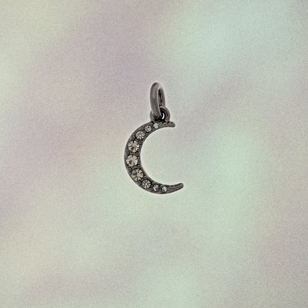 Dainty Pave Crescent Moon Charm, Hematite