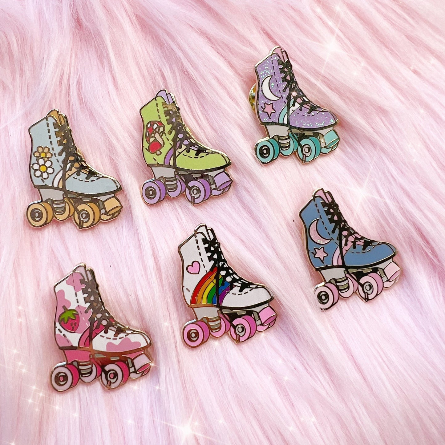 1 - Roller Skate Enamel Pin - Roller Derby - Roller Disco - Derby Girl Cute Gift - Bag Charm - 70s Daisy Rainbow  Mushroom Moon Strawberry Milk - Wildflower + Co group pic