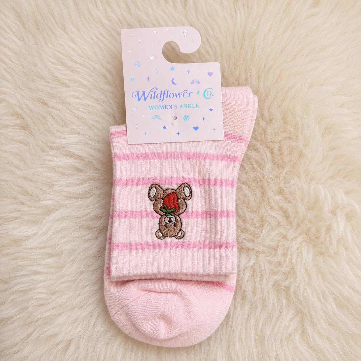 Teddy Bear Embroidered Socks - Pink Stripes