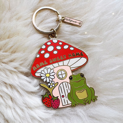 AC00240-MLT-OS Home Sweet Home Frog & Mushroom Keychain - Enamel Keychain - Cottagecore - Wildflower + Co. Gifts 