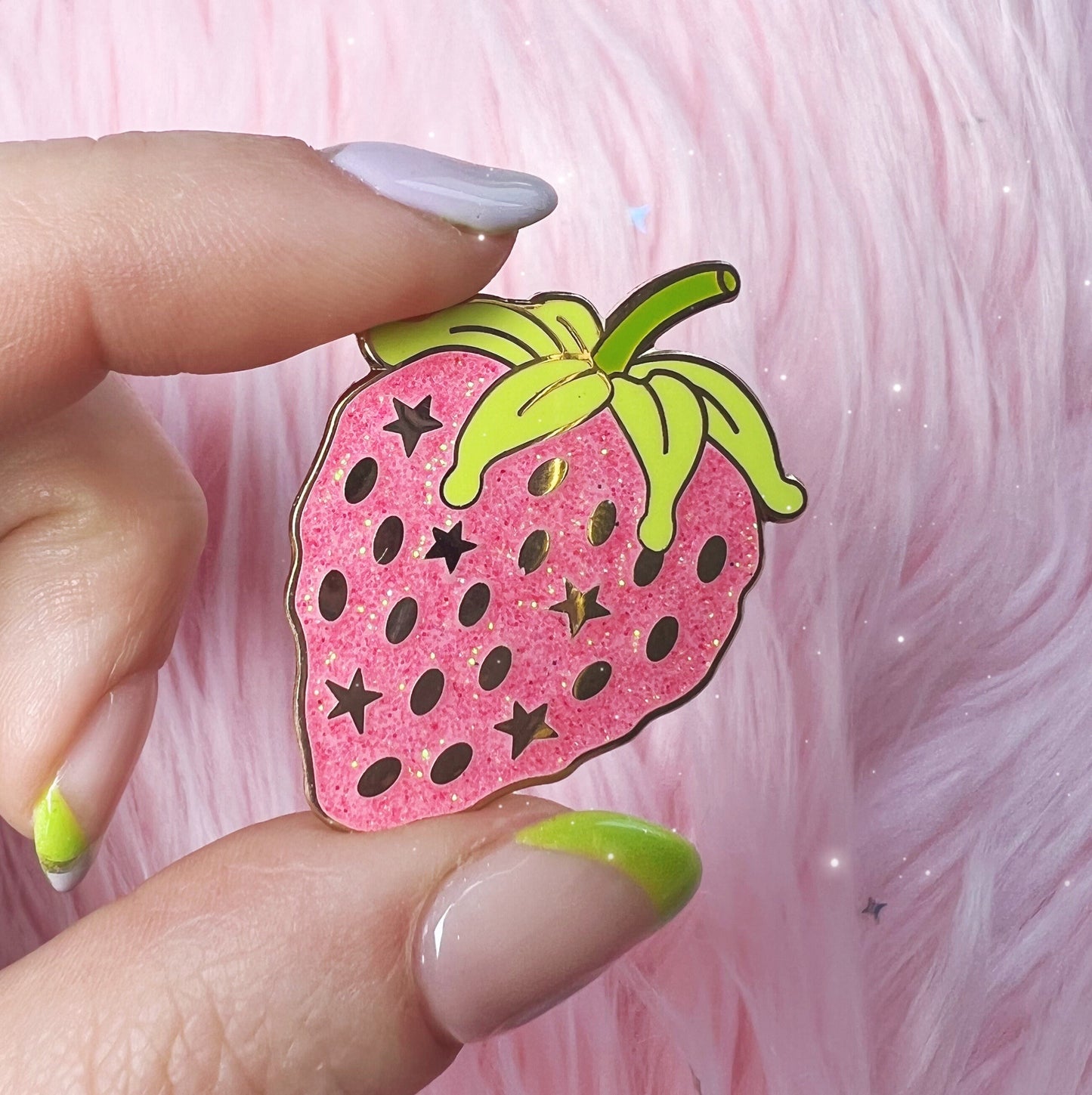 AC00254-PNK-OS - Strawberry Enamel Pin - Pink Glitter Pin - Fairycore Cottagecore - Fruit - Strawberry Jewelry - Wildflower + Co (2)