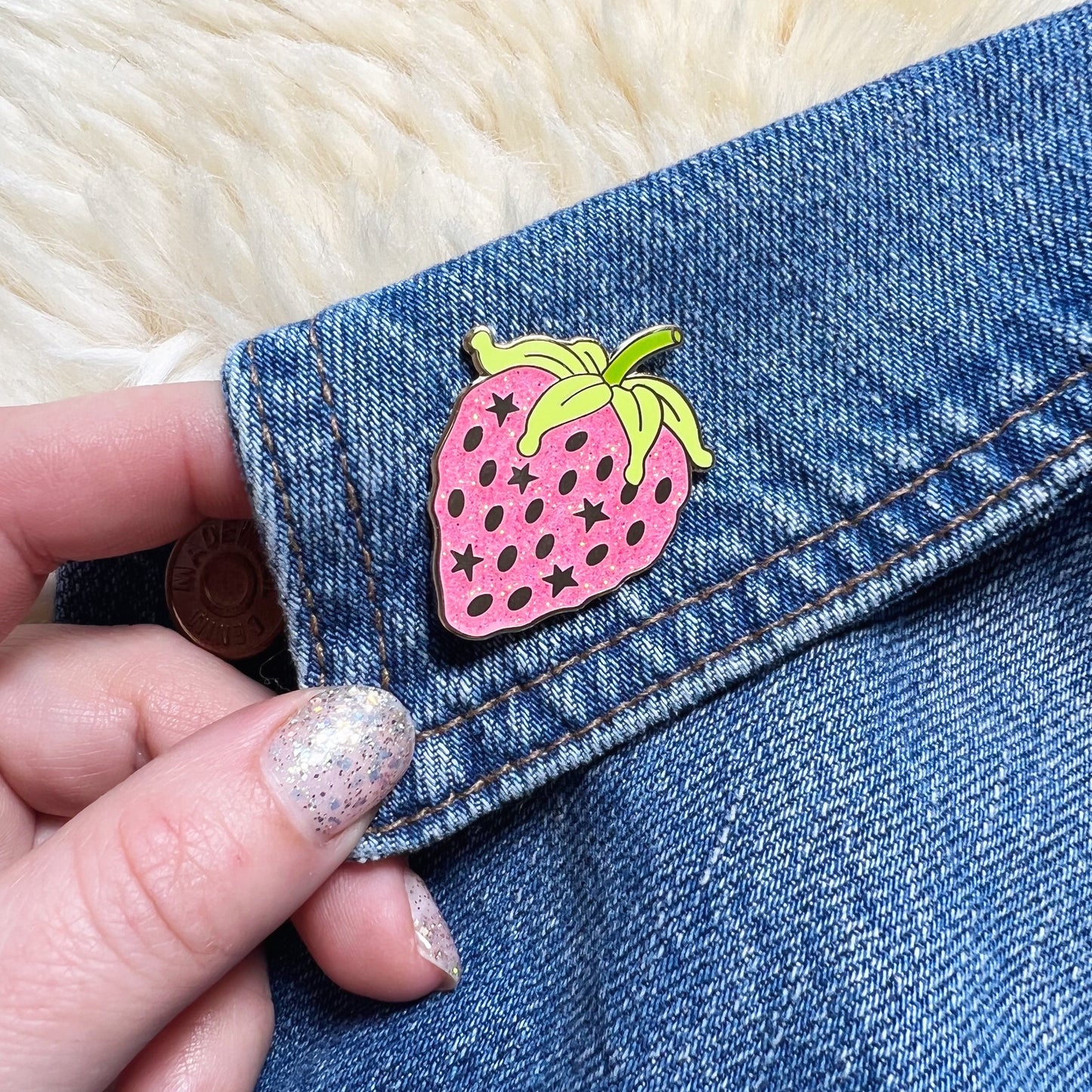 AC00254-PNK-OS - Strawberry Enamel Pin - Pink Glitter Pin - Fairycore Cottagecore - Fruit - Strawberry Jewelry - Wildflower + Co (2) on jacket