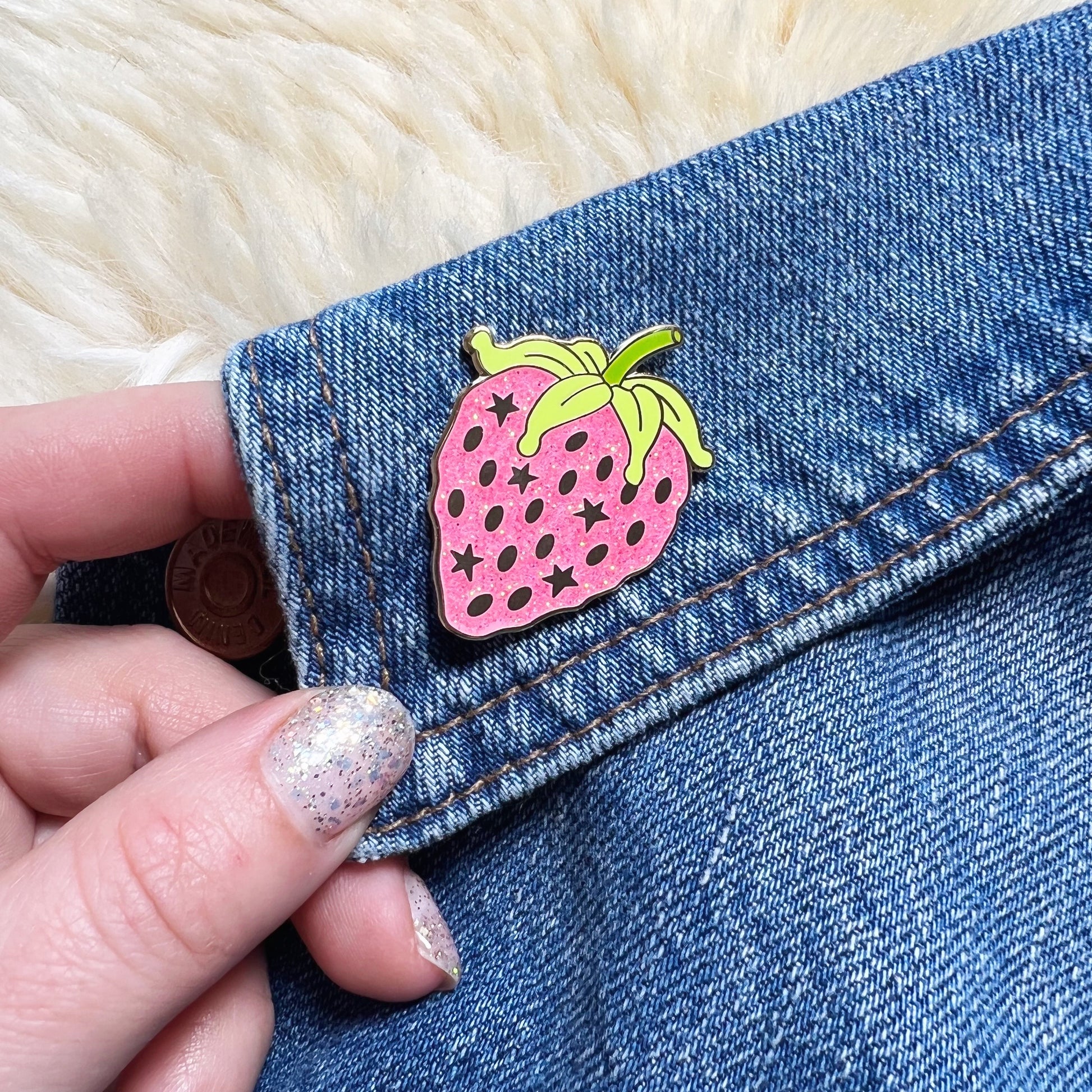AC00254-PNK-OS - Strawberry Enamel Pin - Pink Glitter Pin - Fairycore Cottagecore - Fruit - Strawberry Jewelry - Wildflower + Co (2) on jacket