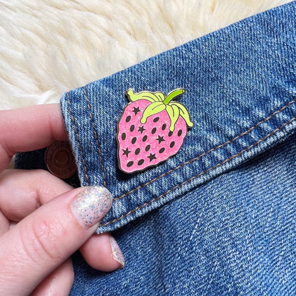 AC00254-PNK-OS - Strawberry Enamel Pin - Pink Glitter Pin - Fairycore Cottagecore - Fruit - Strawberry Jewelry - Wildflower + Co (2) on jacket