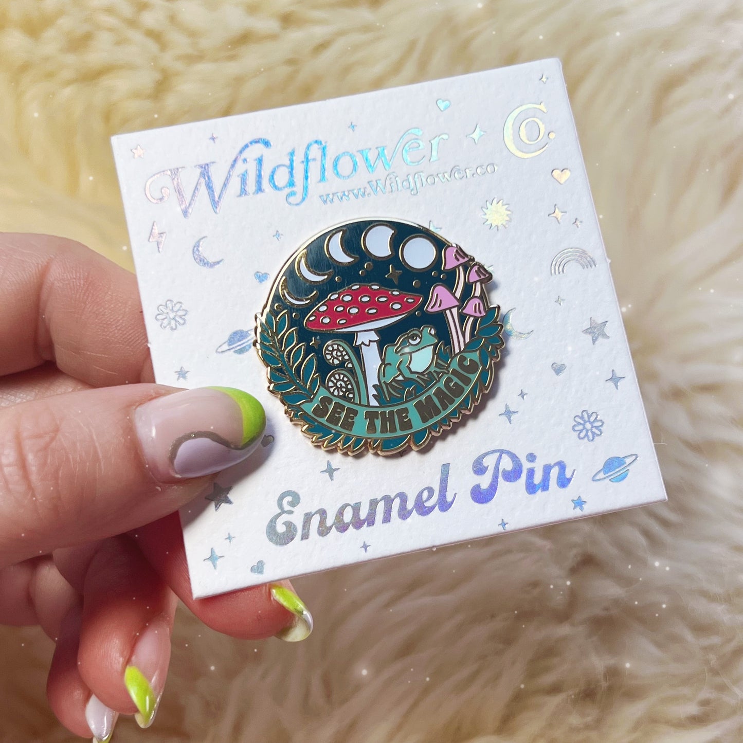 AC00282-MLT-OS - See the Magic Enamel Pin - GITD - Wildflower + Co on card packaging