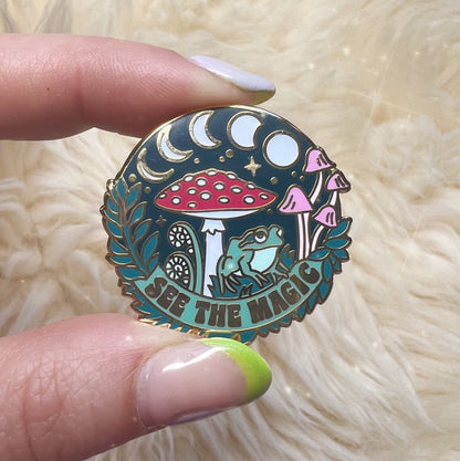 AC00282-MLT-OS - See the Magic Enamel Pin - GITD - Wildflower + Co in hand - scale