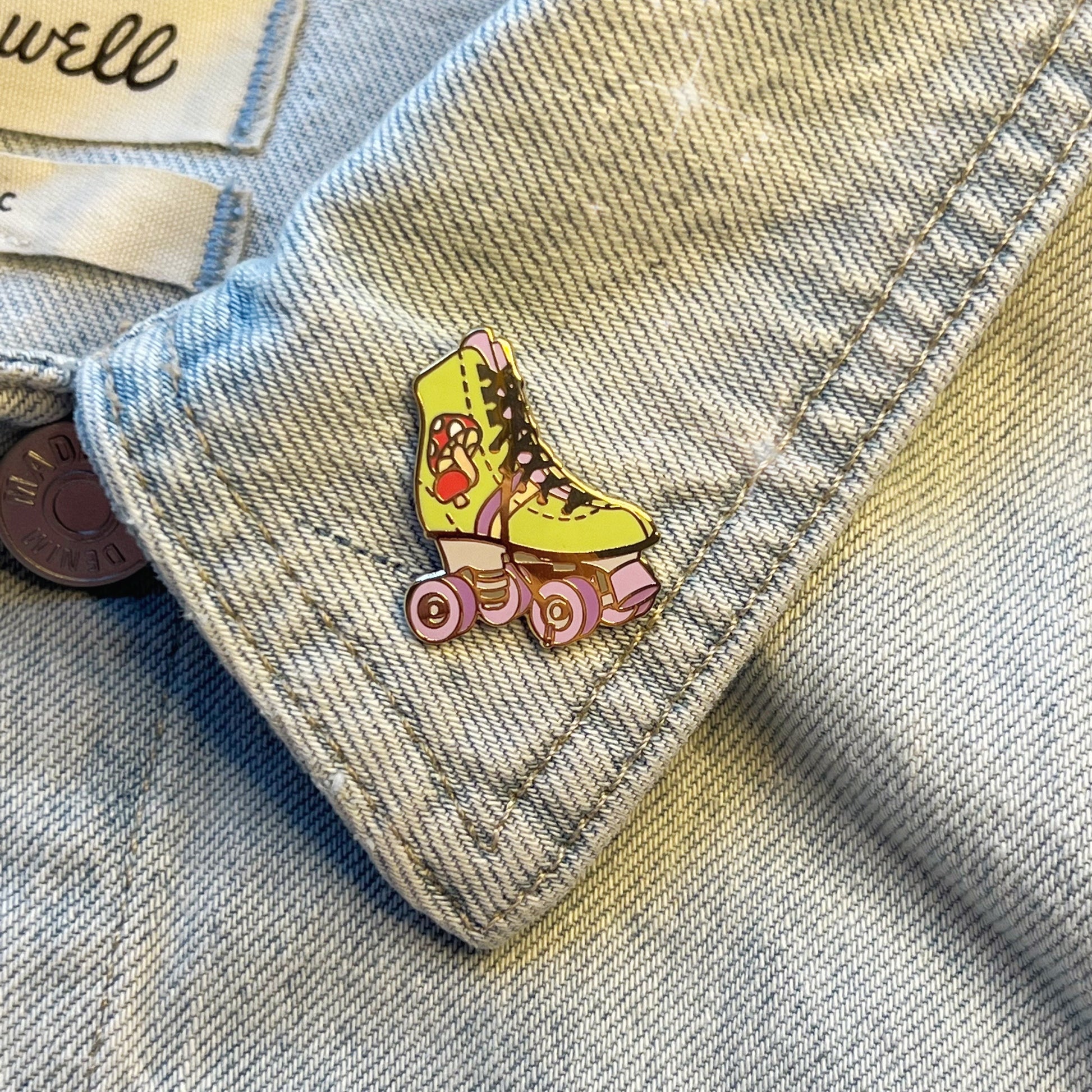 1 - Roller Skate Enamel Pin - Roller Derby - Roller Disco - Derby Girl Cute Gift - Bag Charm - 70s Daisy Rainbow  Mushroom Moon Strawberry Milk - Wildflower + Co - green mushroom