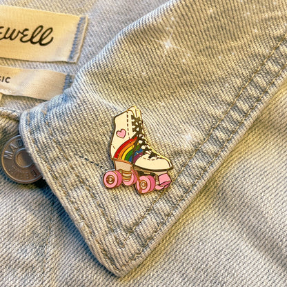 1 - Roller Skate Enamel Pin - Roller Derby - Roller Disco - Derby Girl Cute Gift - Bag Charm - 70s Daisy Rainbow  Mushroom Moon Strawberry Milk - Wildflower + Co rainbow