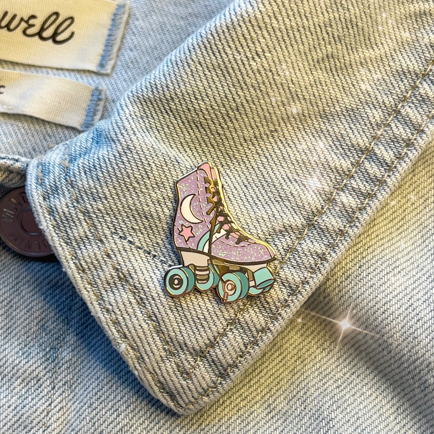1 - Roller Skate Enamel Pin - Roller Derby - Roller Disco - Derby Girl Cute Gift - Bag Charm - 70s Daisy Rainbow  Mushroom Moon Strawberry Milk - Wildflower + Co celestial glitter