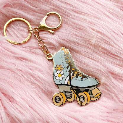 Roller Skate Enamel Keychain - Light Blue Daisy