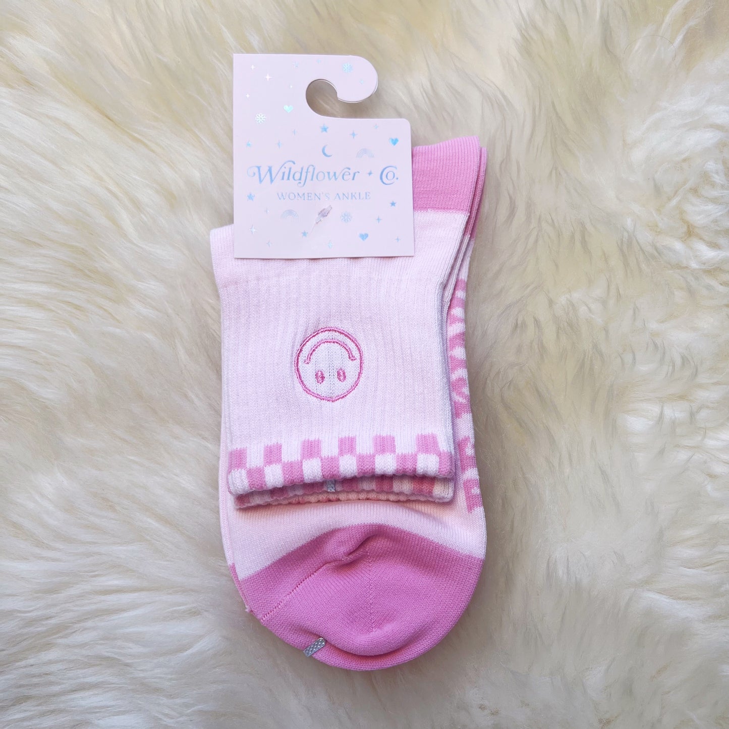 AC00401-PNK-OS - Smiley Embroidered Socks - Embroidered Socks Womens Fun Socks - Cute Pink Socks - Wildflower + Co (1) packaged