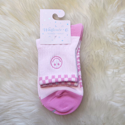 AC00401-PNK-OS - Smiley Embroidered Socks - Embroidered Socks Womens Fun Socks - Cute Pink Socks - Wildflower + Co (1) packaged