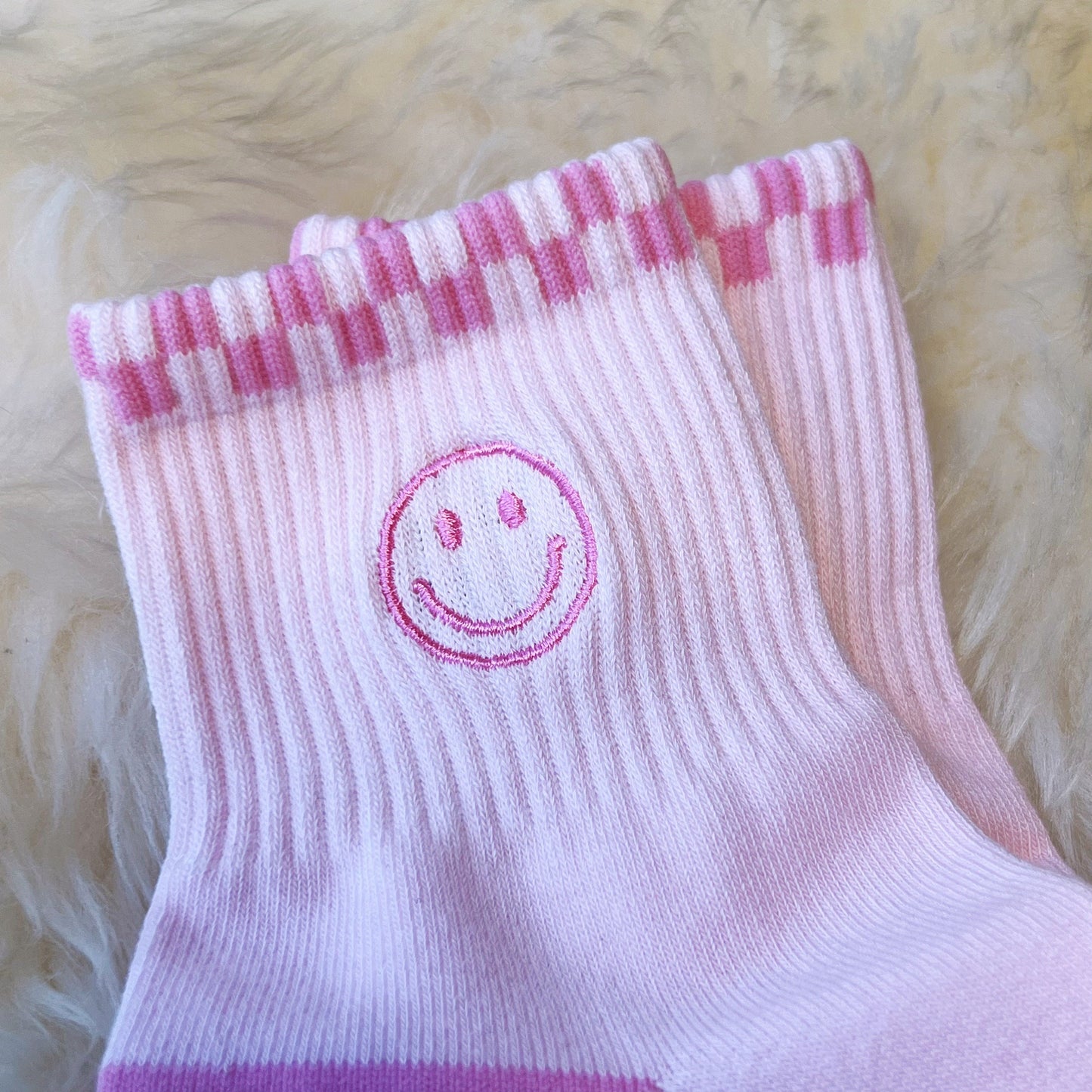 AC00401-PNK-OS - Smiley Embroidered Socks - Embroidered Socks Womens Fun Socks - Cute Pink Socks - Wildflower + Co (1) detail