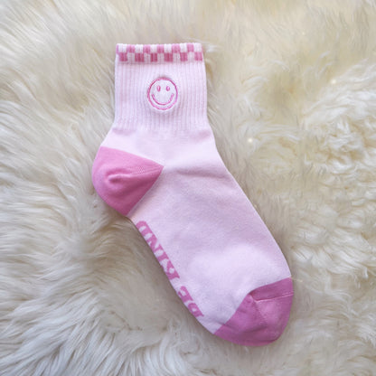 AC00401-PNK-OS - Smiley Embroidered Socks - Embroidered Socks Womens Fun Socks - Cute Pink Socks - Wildflower + Co (1)