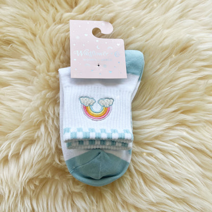 AC00408-MLT-OS - Rainbow Embroidered Athletic Ankle Sock - Wildflower + Co packaged