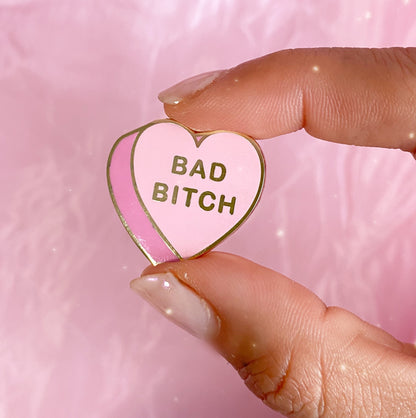 AC00428-PNK-OS - Bad Bitch Heart Candy Enamel Pin - Bad Bitch Feminist Pin - Valentines Day Gift - Wildflower + Co (1) hand