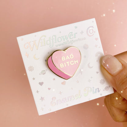AC00428-PNK-OS - Bad Bitch Heart Candy Enamel Pin - Bad Bitch Feminist Pin - Valentines Day Gift - Wildflower + Co card
