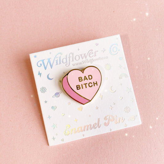 AC00428-PNK-OS - Bad Bitch Heart Candy Enamel Pin - Bad Bitch Feminist Pin - Valentines Day Gift - Wildflower + Co 