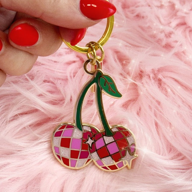 AC00446-MLT-OS - Disco Cherries Enamel Keychain - Disco Themed Bag Charms - Wildflower + Co (1)