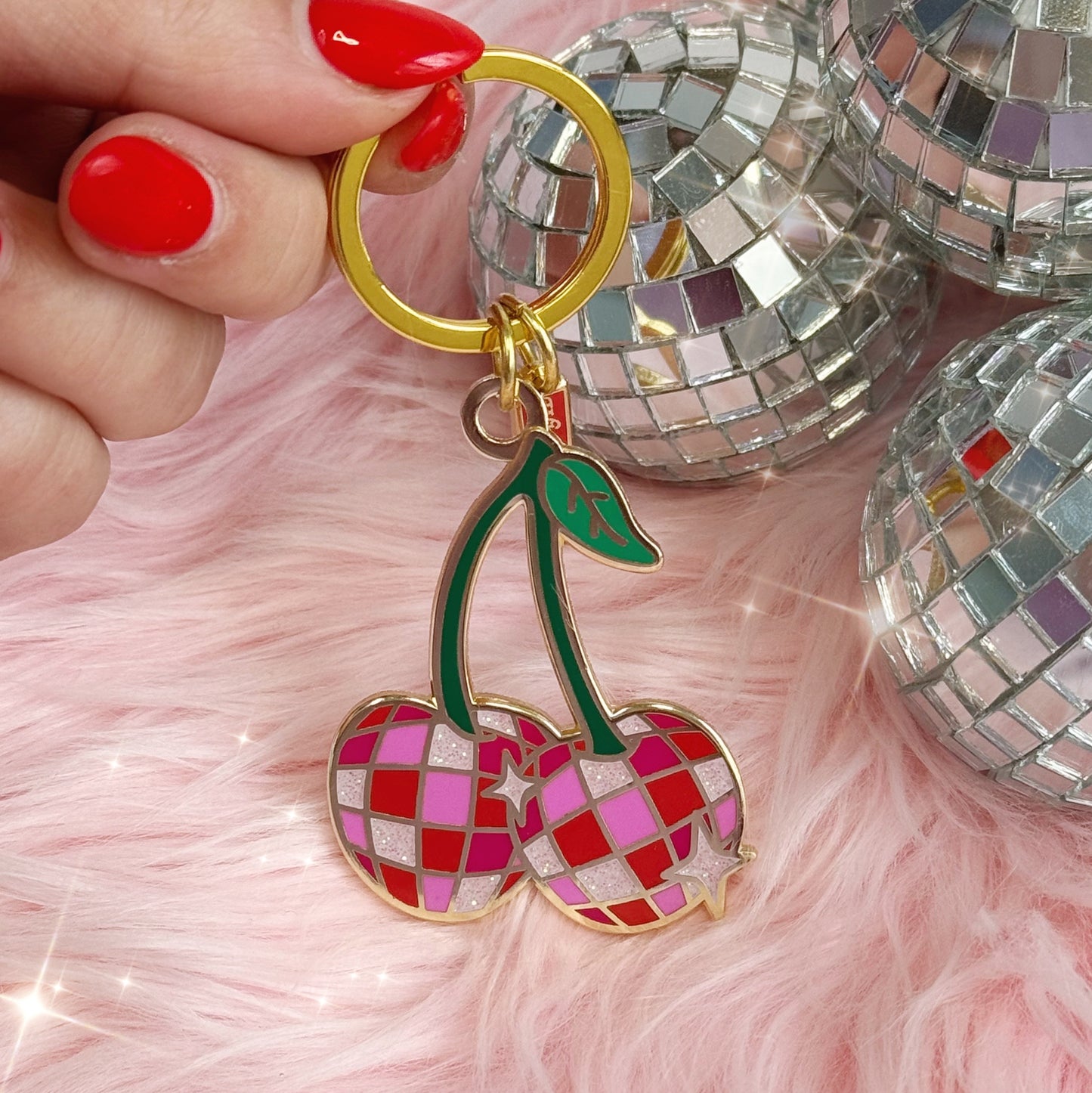 AC00446-MLT-OS - Disco Cherries Enamel Keychain - Disco Themed Bag Charms - Wildflower + Co (1)