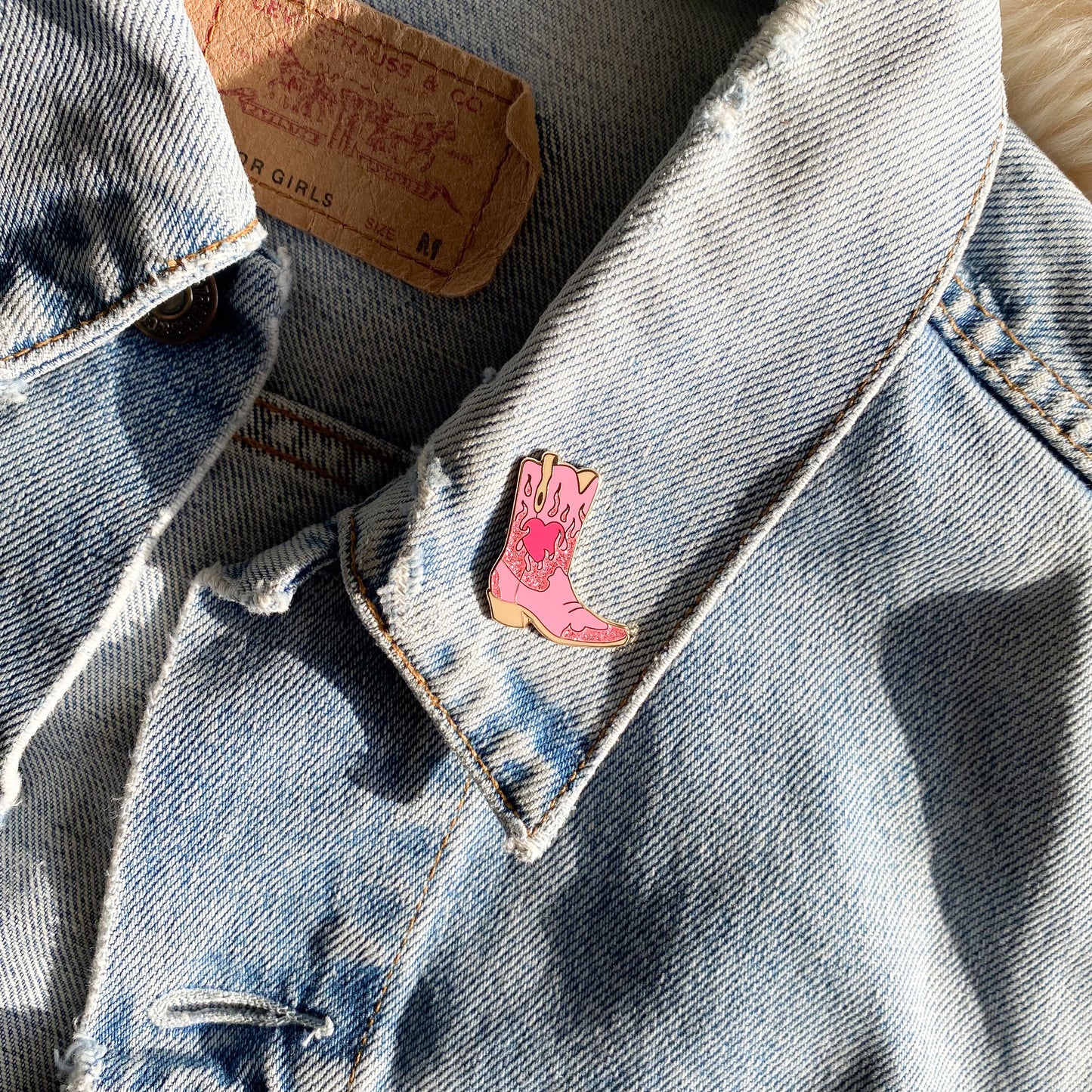 AC00462-HOT-OS - Flaming Heart Cowgirl Boot Pin - Hot Pink - Cowboy Boot Pins - Southern Western Southwest Accessories - Flaming Heart Pin - Wildflower + Co HOT PINK on jacket