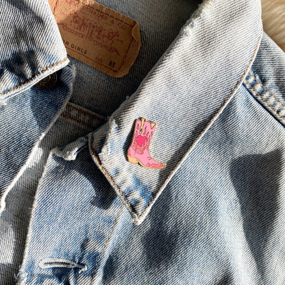 AC00462-HOT-OS - Flaming Heart Cowgirl Boot Pin - Hot Pink - Cowboy Boot Pins - Southern Western Southwest Accessories - Flaming Heart Pin - Wildflower + Co HOT PINK on jacket