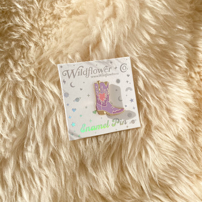 AC00462-HOT-OS - Flaming Heart Cowgirl Boot Pin - Hot Pink - Cowboy Boot Pins - Southern Western Southwest Accessories - Flaming Heart Pin - Wildflower + Co CARDED LILAC