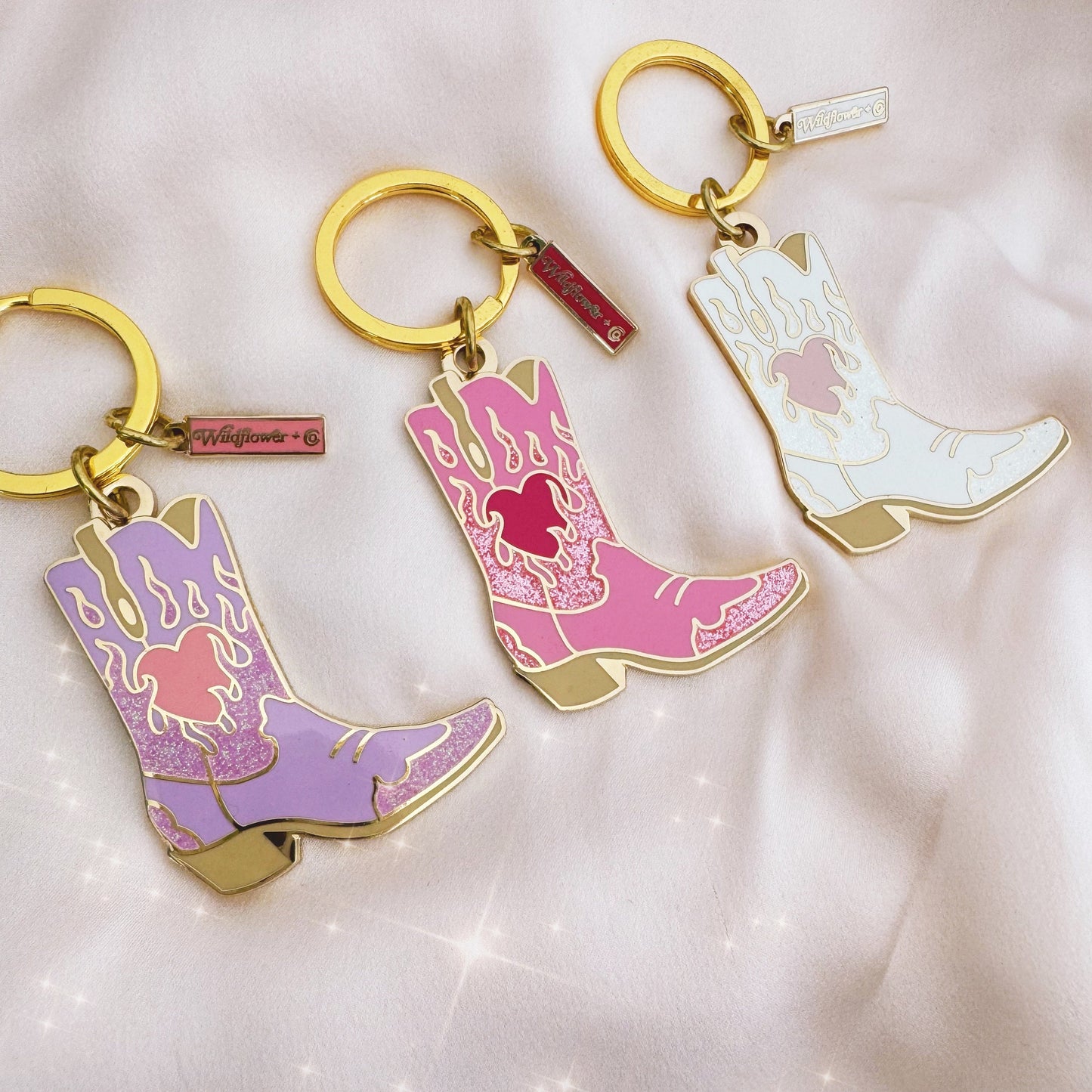 AC00468-ALL - Flaming Heart Cowgirl Boot Keychain - Cowboy Boot Keychain - Hard Enamel Keychains Bag Charms - Southern - Western - Southwest - Wildflower + Co