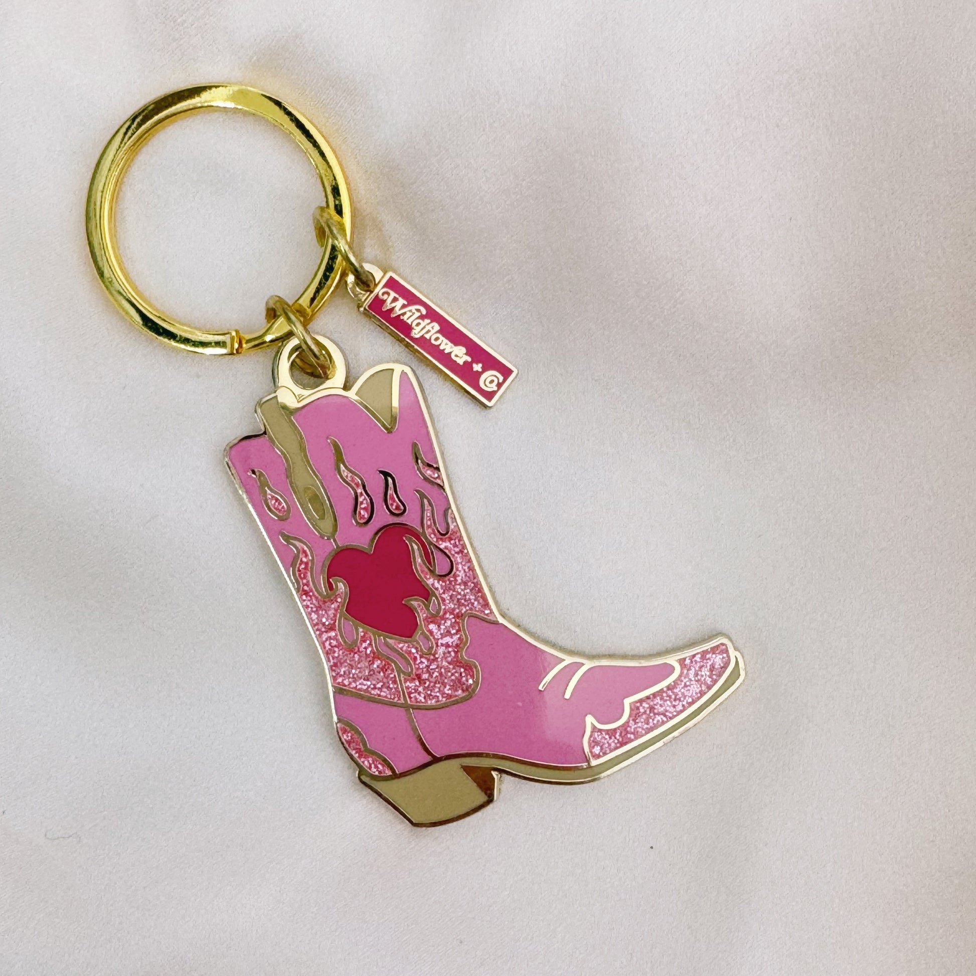 AC00468-HOT-OS - Flaming Heart Cowgirl Boot Keychain - Cowboy Boot Keychain - Hard Enamel Keychains Bag Charms - Southern - Western - Southwest - Wildflower + Co