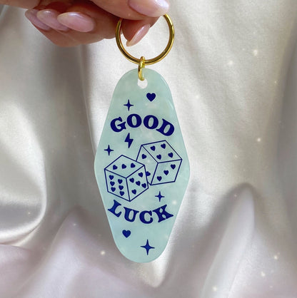 AC00473-MLT-OS Good Luck Motel Keychain - Light Blue Opalescent Key Chain Key Ring Bag Charm - Wildflower + Co 