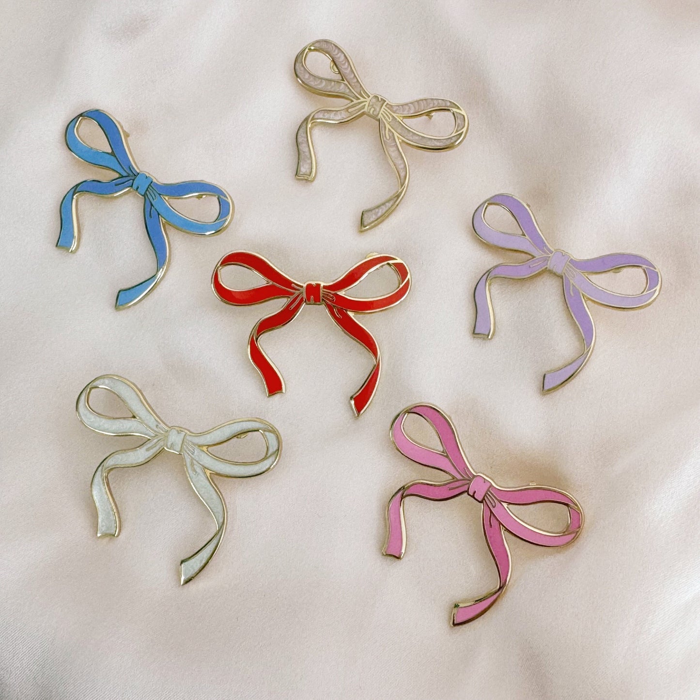 AC00489 - Wispy Enamel Bow Pin, Pearlized Blush Pink - Cute Coquette Pins - Royalcore Balletcore Accessories - Ballet Bow Pin - Wildflower + Co 