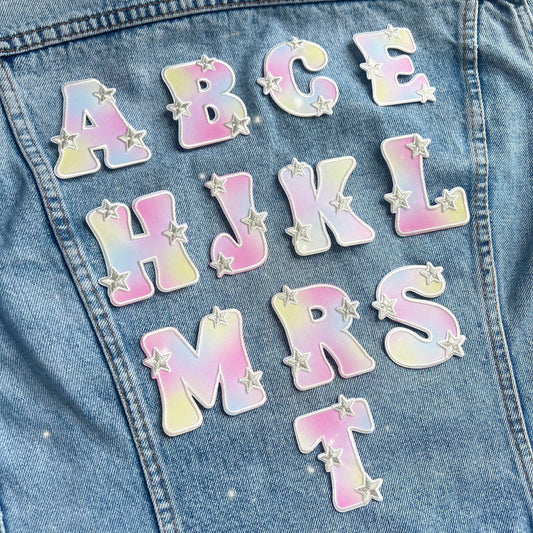 Aura Initial Letter Patch Patches for Jackets - DIY - Embroidered - Wildflower + Co (1) all on jacket