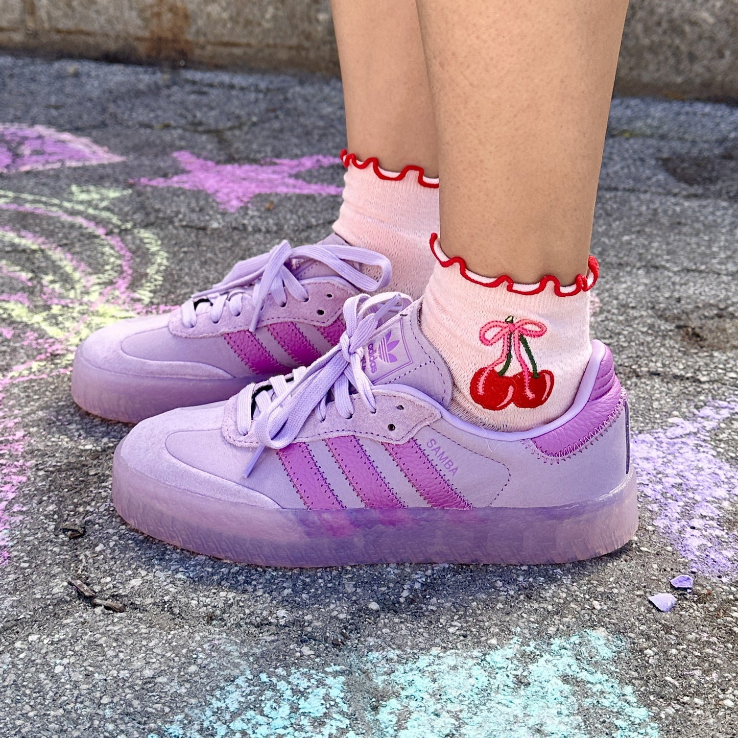 Cherry Bow Embroidered Ruffle Socks, Pink
