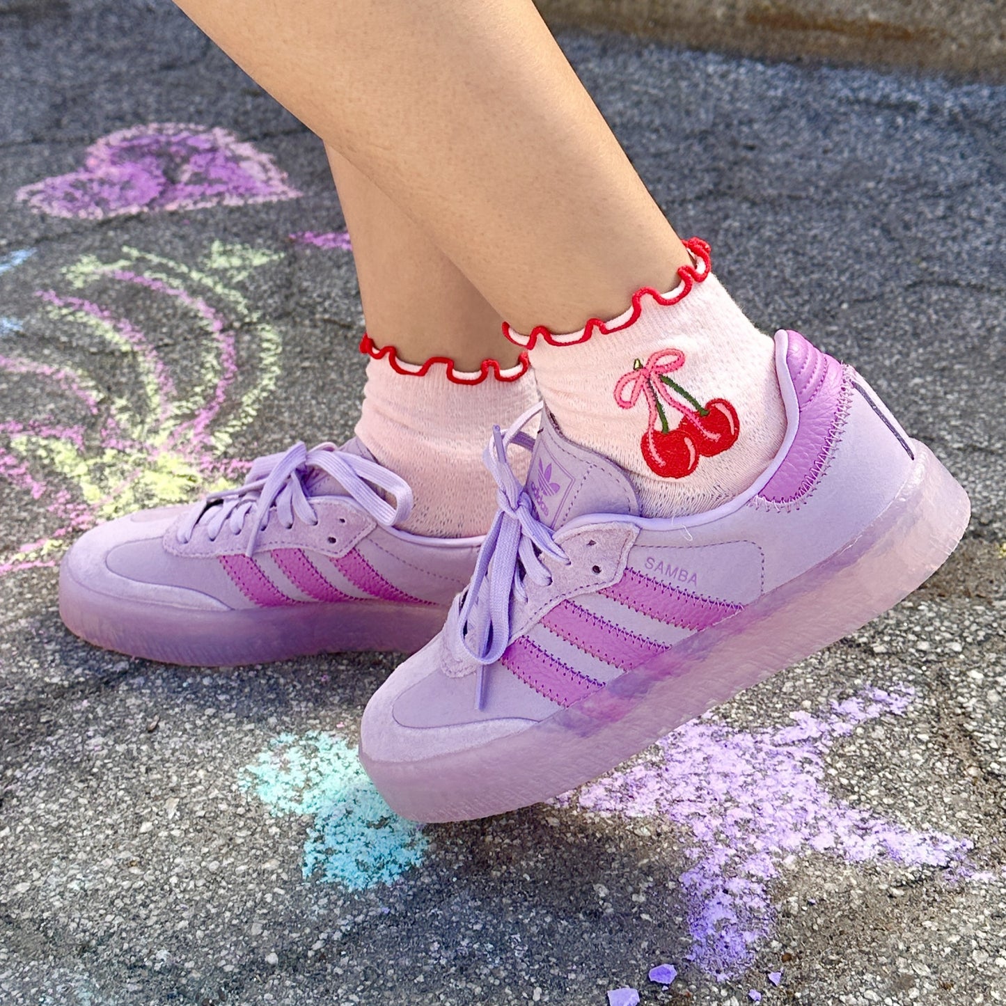 Cherry Bow Embroidered Ruffle Socks, Pink
