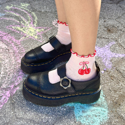 Cherry Bow Embroidered Ruffle Socks, Pink