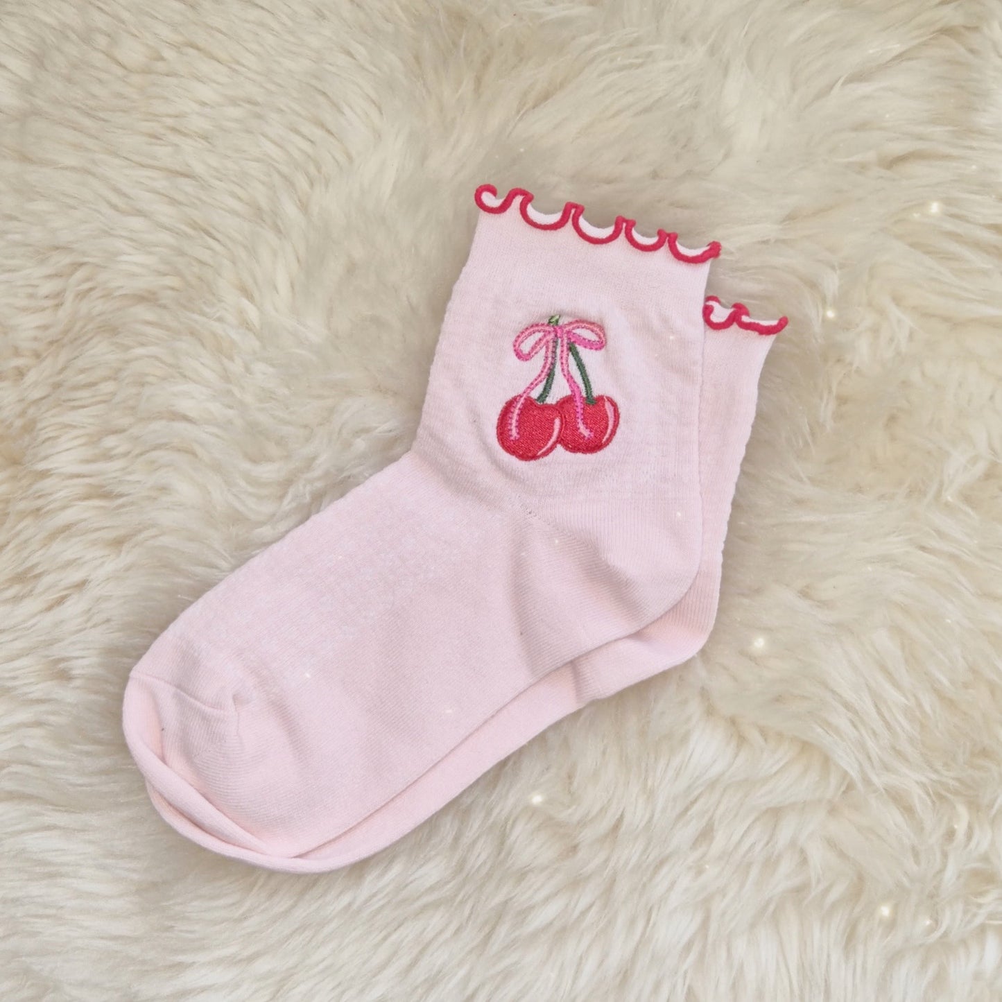 Cherry Bow Embroidered Ruffle Socks, Pink