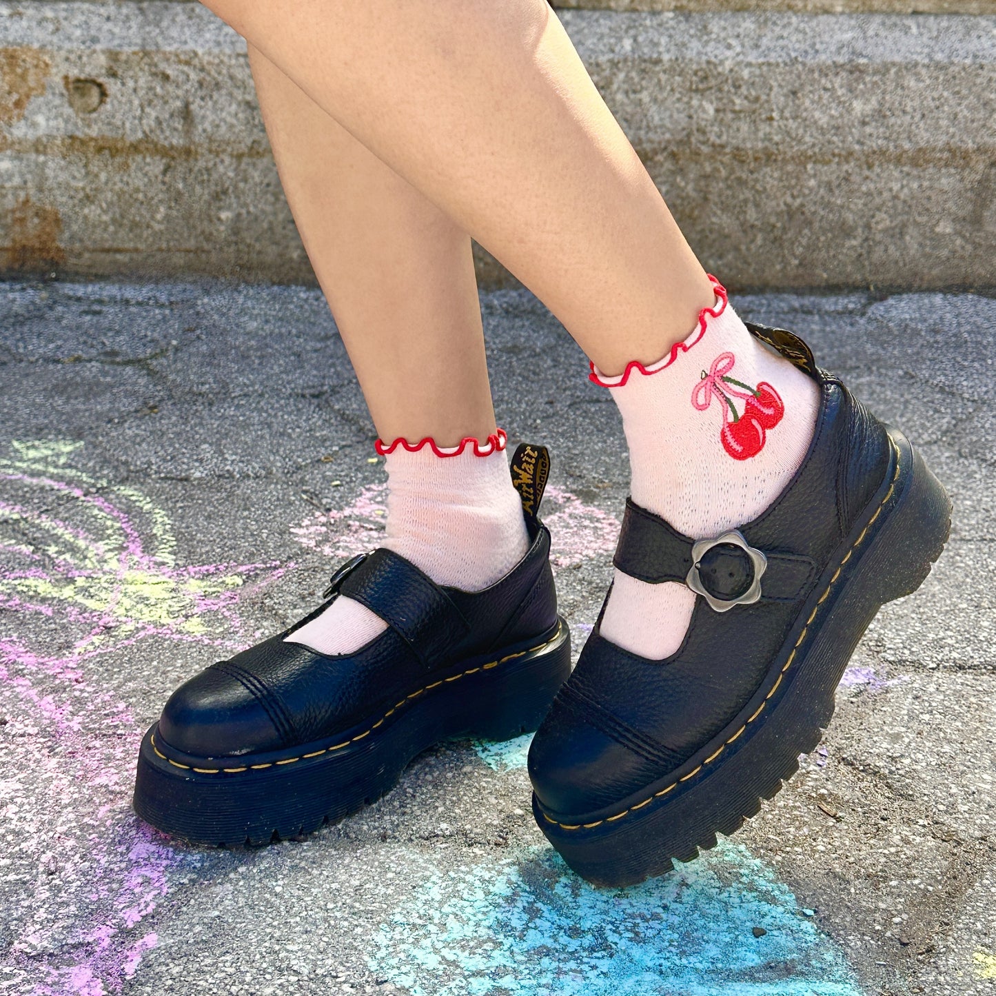 Cherry Bow Embroidered Ruffle Socks, Pink
